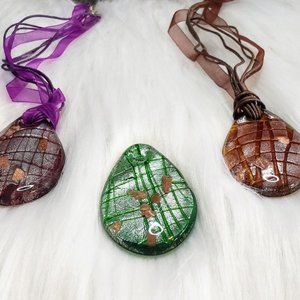 Group of Glass Necklace Pendants, with ribbon chain